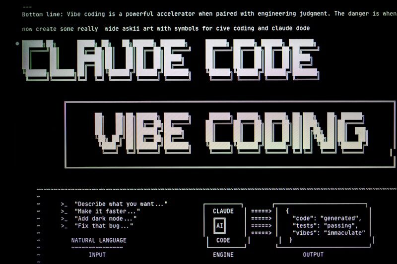 Digital art with text "claude code" and "vibe coding"